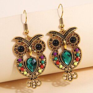 NEW Minerva Antique Gold Bejeweled Owl Boho Drop Earrings